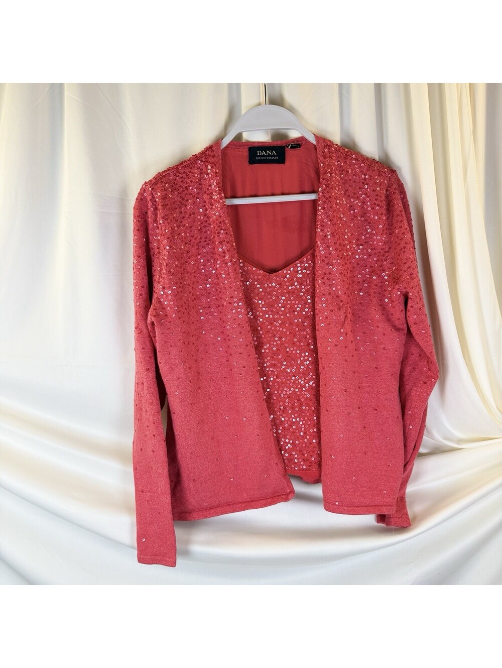 Dana Buchman Melon Sequined Scoop Neck Tank Cardigan Set Medium Elegant Classy